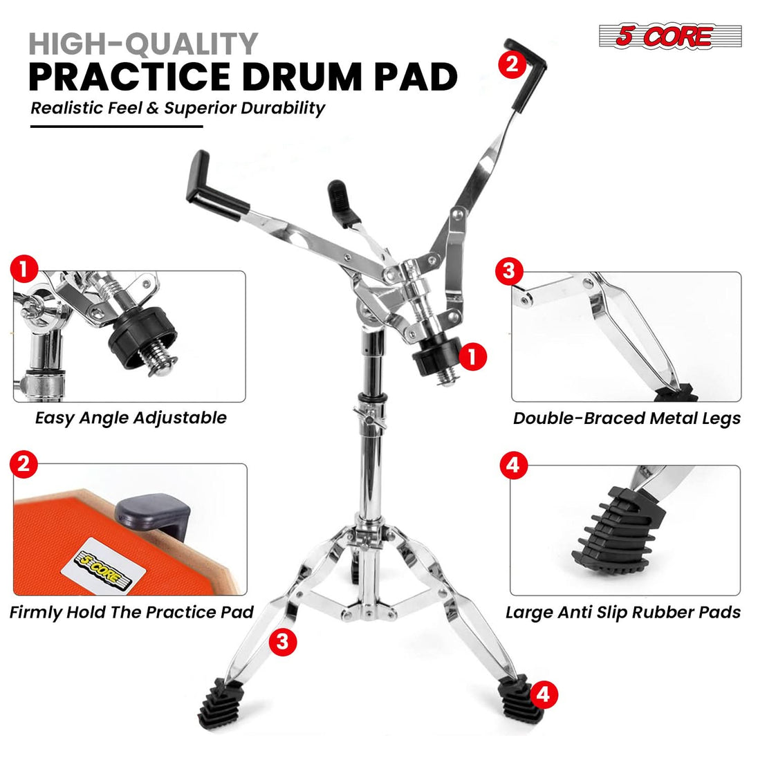 Snare drum stand with adjustable height, sturdy tripod base, and secure drum holder