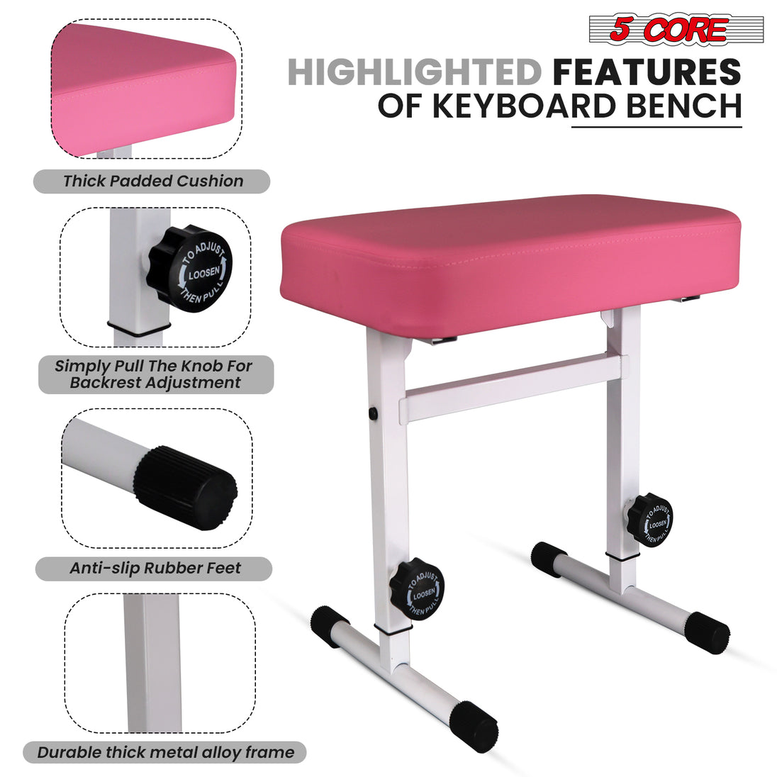 Adjustable height, thick padded cushion, durable build, non-slip feet, and versatile sleek design.