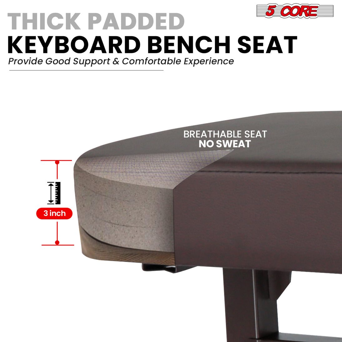 Thick padded cushion keyboard bench offering superior comfort and support for extended practice or performance sessions