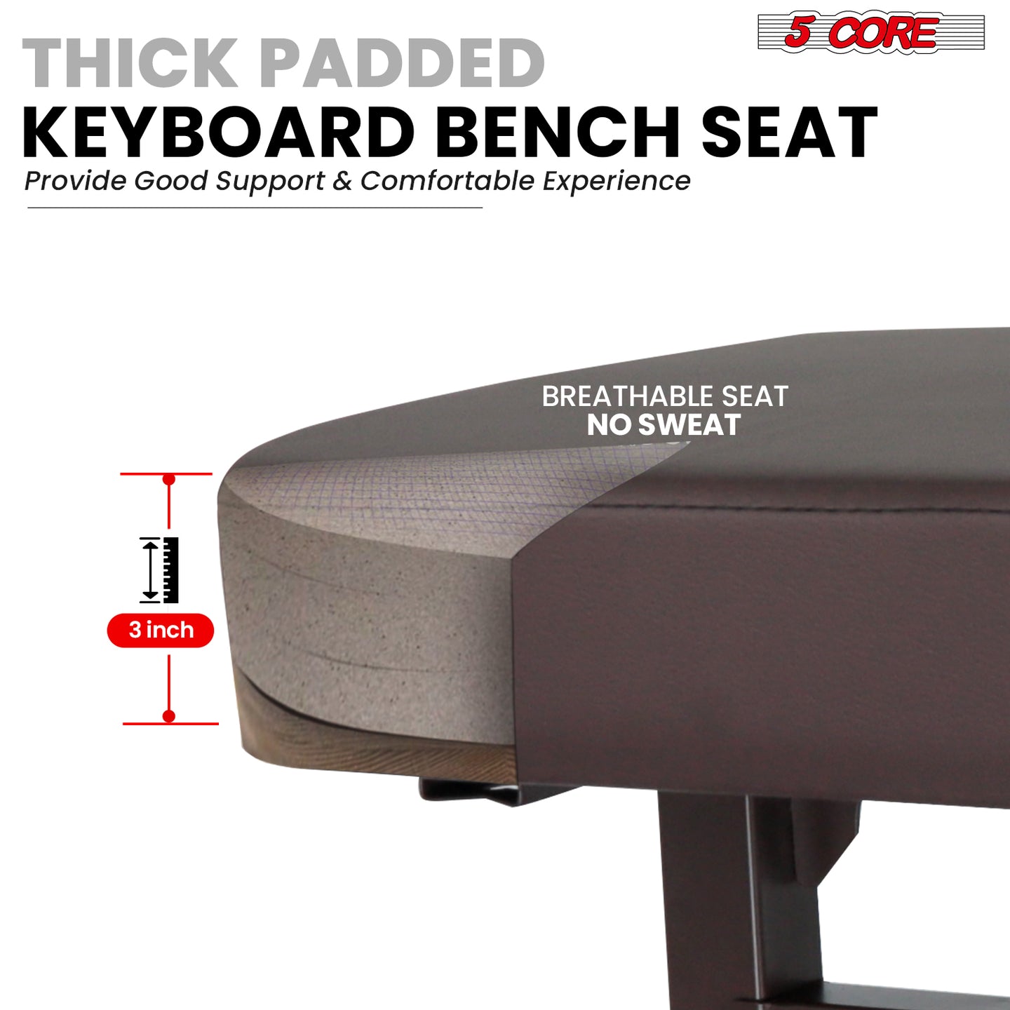 Thick padded cushion keyboard bench offering superior comfort and support for extended practice or performance sessions