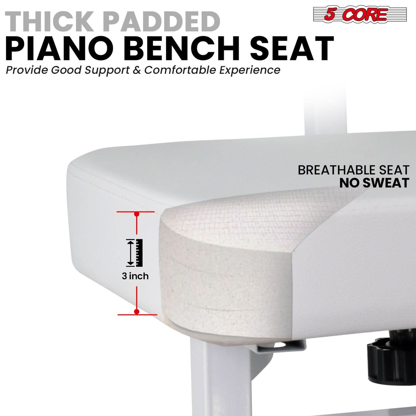 Piano bench with a thick padded seat for ultimate comfort and support during extended practice or performance