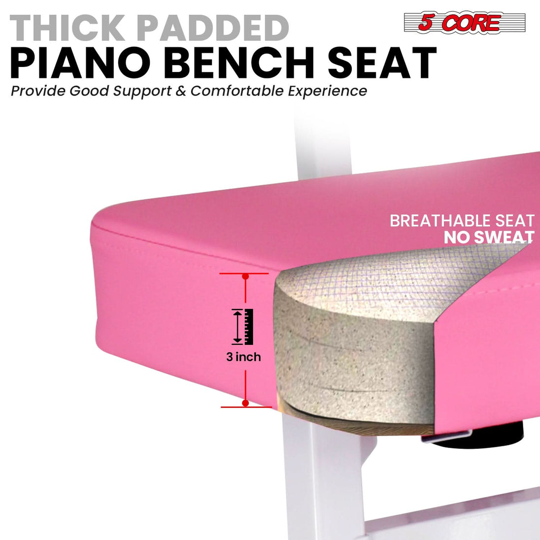 Thickly padded piano bench for enhanced comfort, providing excellent support during extended playing sessions