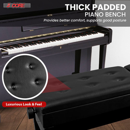 Thick padded piano bench with a comfortable cushion, sturdy legs, and elegant design for extended playing sessions