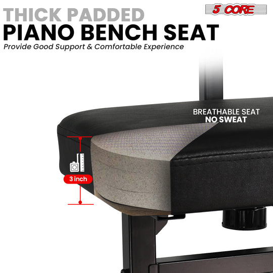 Comfortable thick padded piano bench designed for long playing sessions, providing excellent support