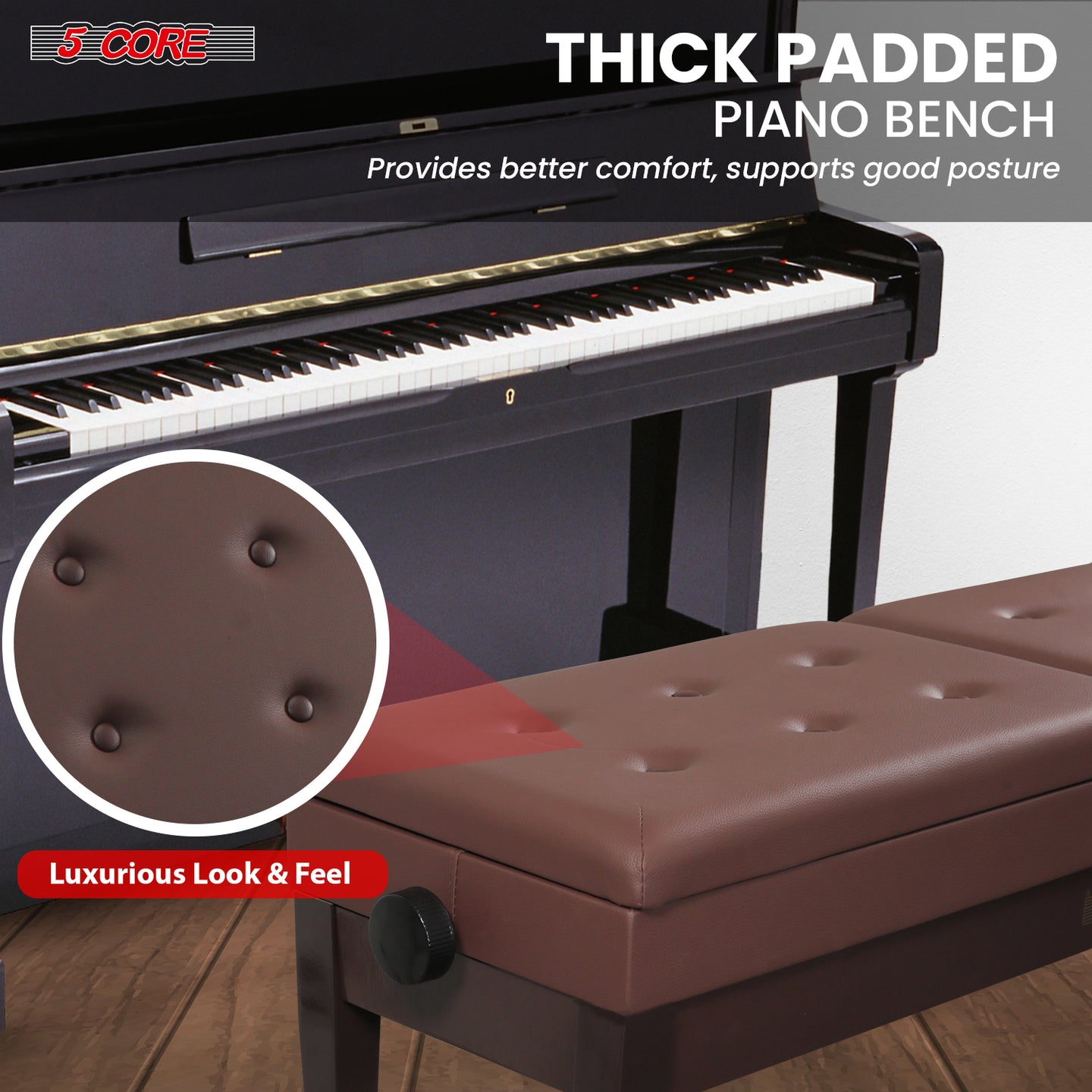 Thick padded piano stool with a soft cushion, sturdy design, and ergonomic support for long practice sessions