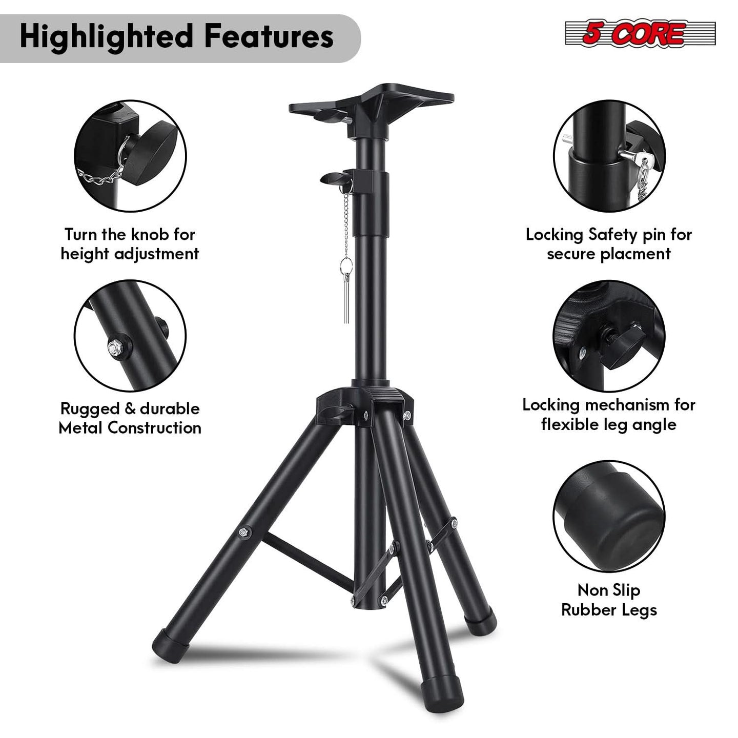 Tripod speaker stand with adjustable height, stable base, and 35mm pole mount for secure audio equipment setup