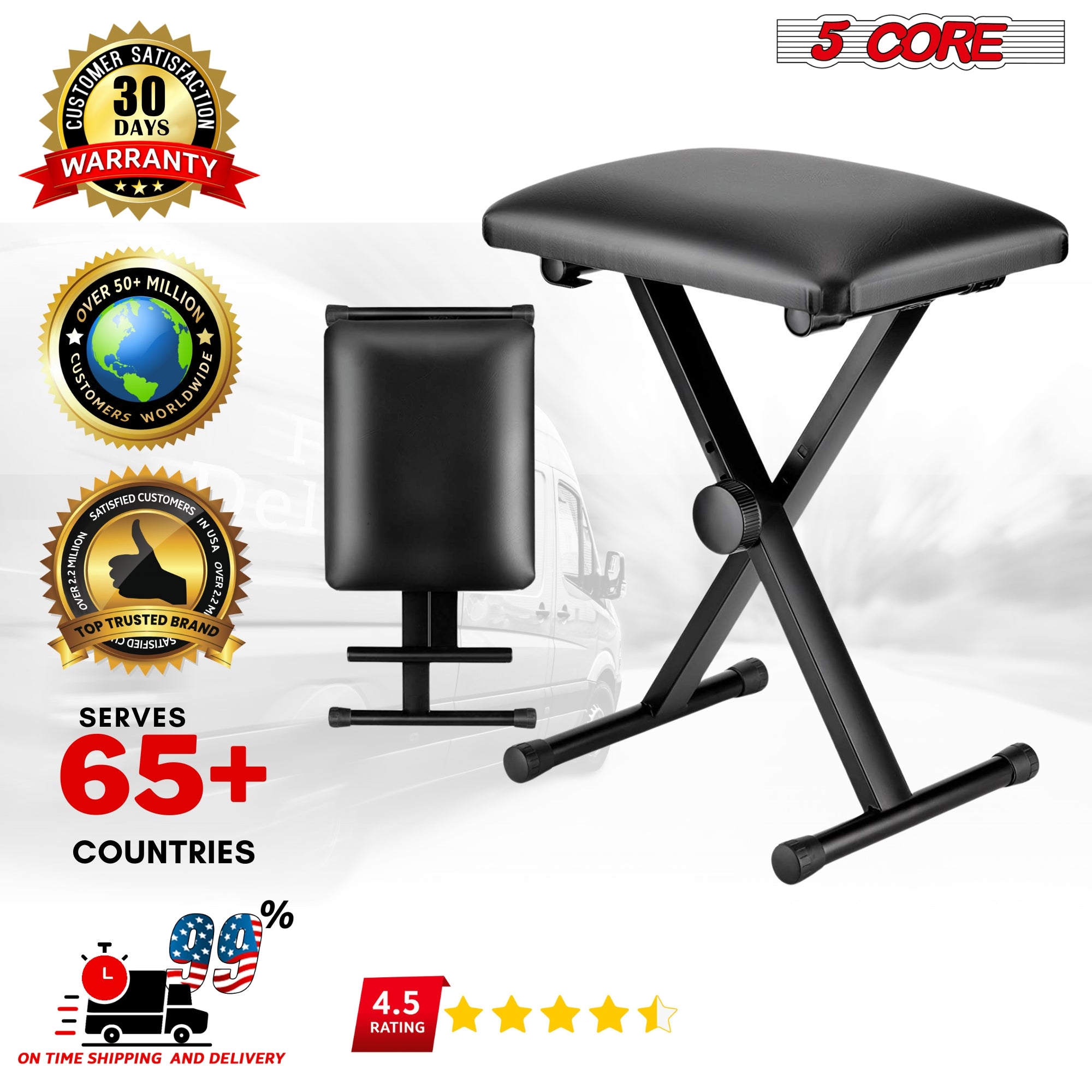 5Core Keyboard Bench  X Style Piano Stool Height Adjustable 16.3–19.6" w Comfortable Padded Seat