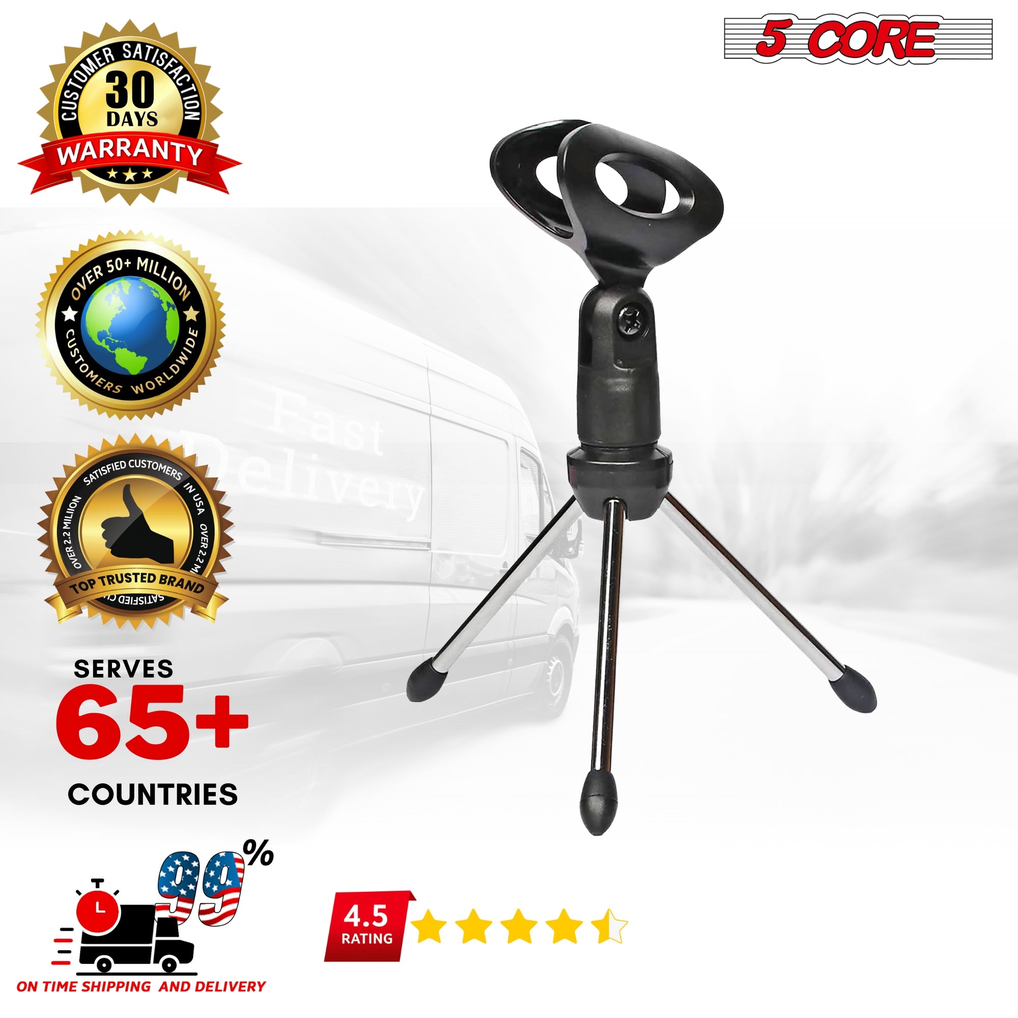 Adjustable tabletop microphone holder: Enhances audio quality during recordings.
