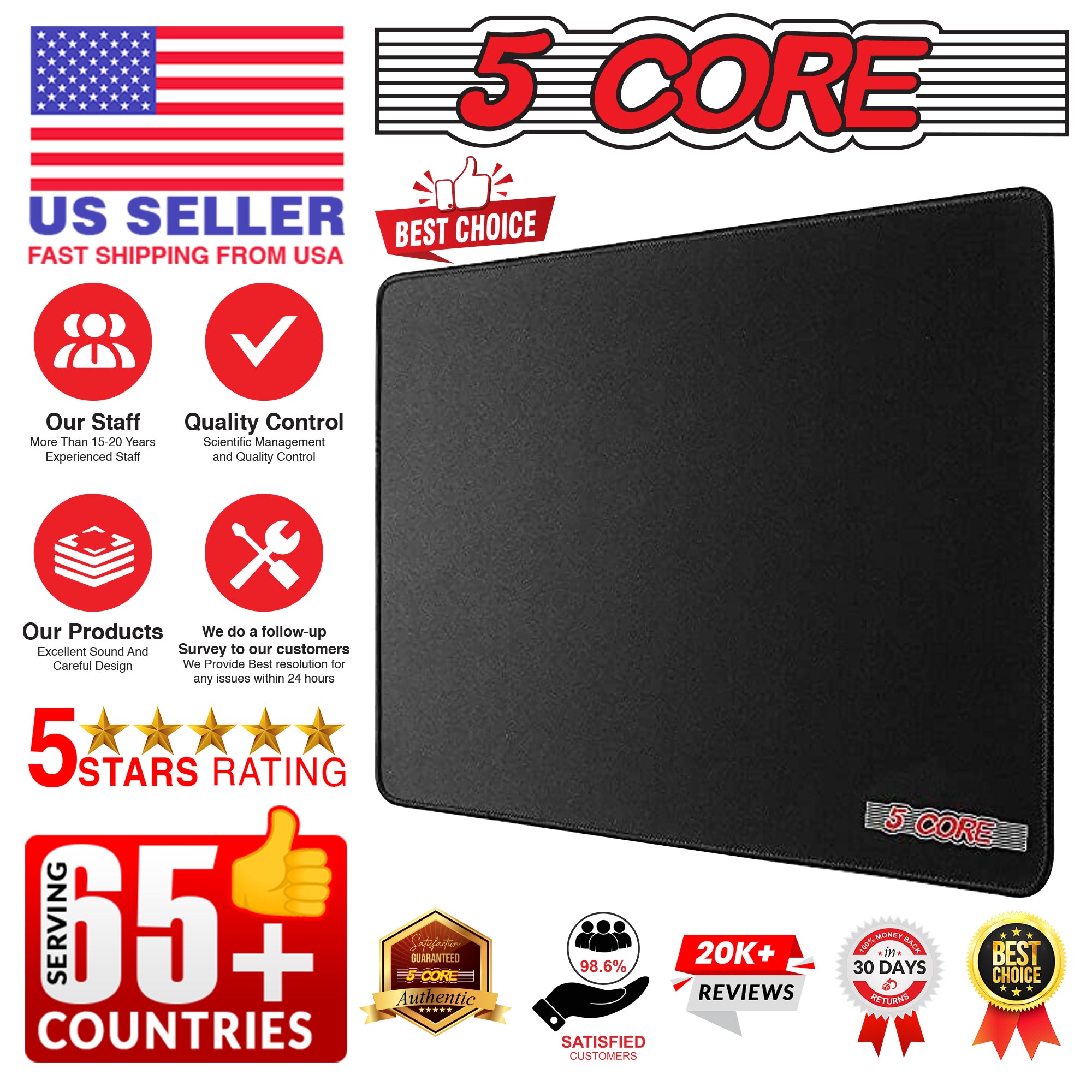 5 Core Mouse Pad 2 Pack • 3x3 Computer Mouse Mat w Anti-Slip Rubber Base • Fast Easy Gliding