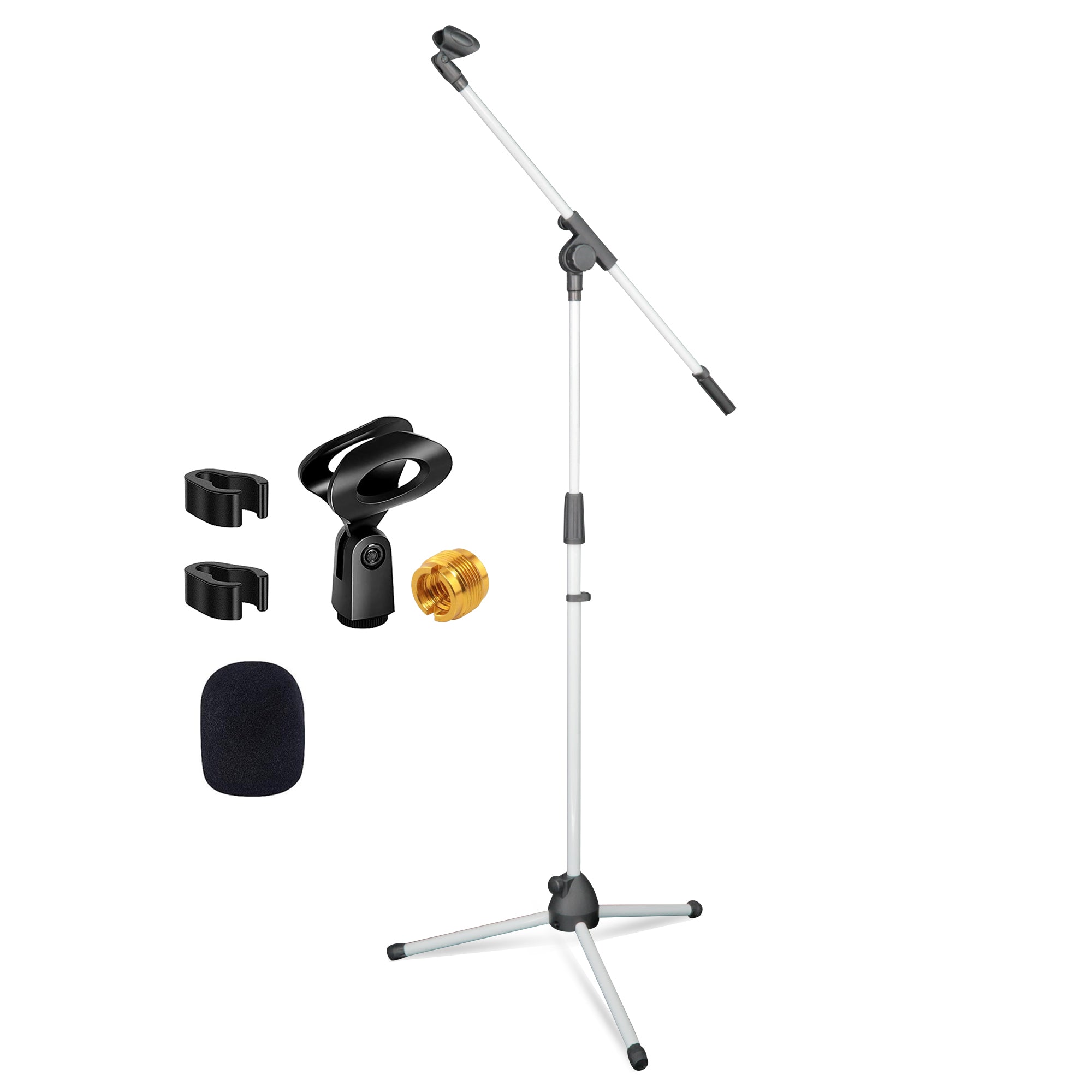 5 Core Mic Stand White 1 Piece Collapsible Height Adjustable Up to 6ft Metal Microphone Tripod Stand w Boom Arm Para Microfono for Singing Karaoke Speech Stage Recording - MS 080 WH