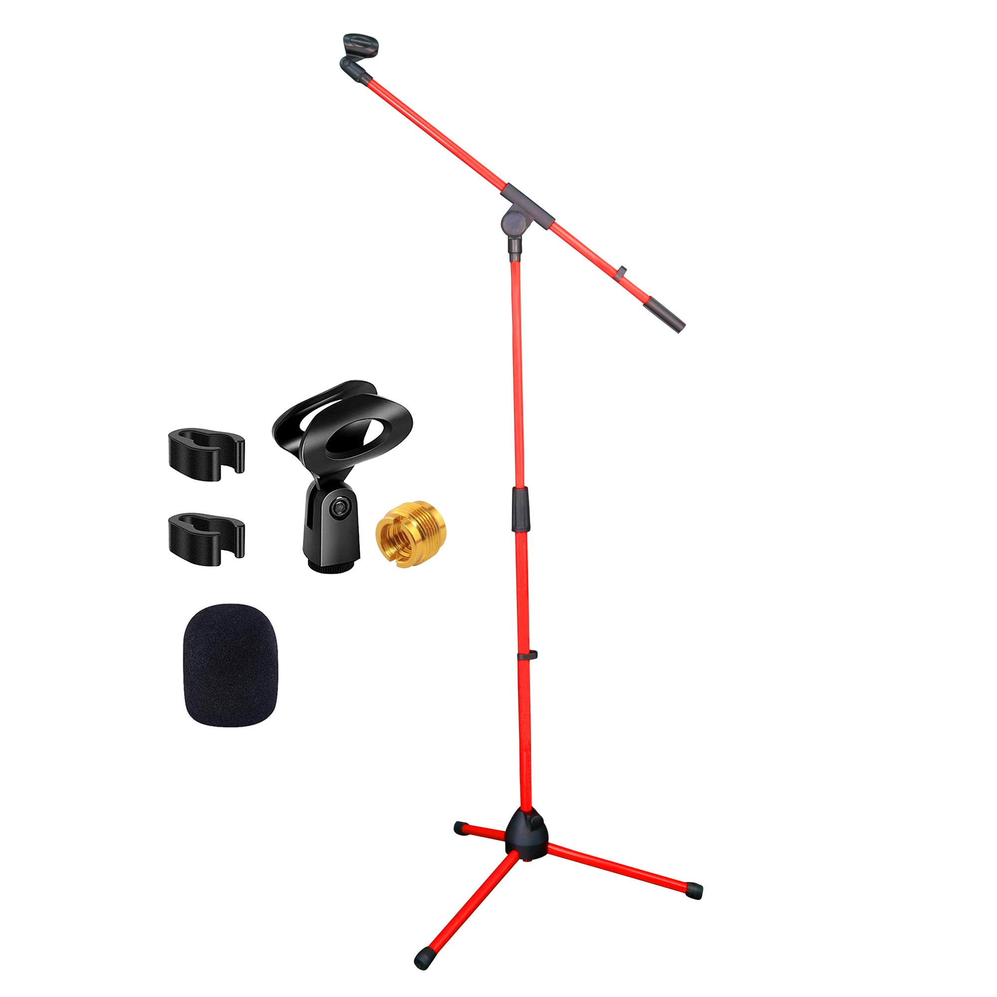 5 Core Mic Stand Red 1 Piece Collapsible Height Adjustable Up to 6ft Metal Microphone Tripod Stand w Boom Arm Para Microfono for Singing Karaoke Speech Stage Recording - MS 080 RED
