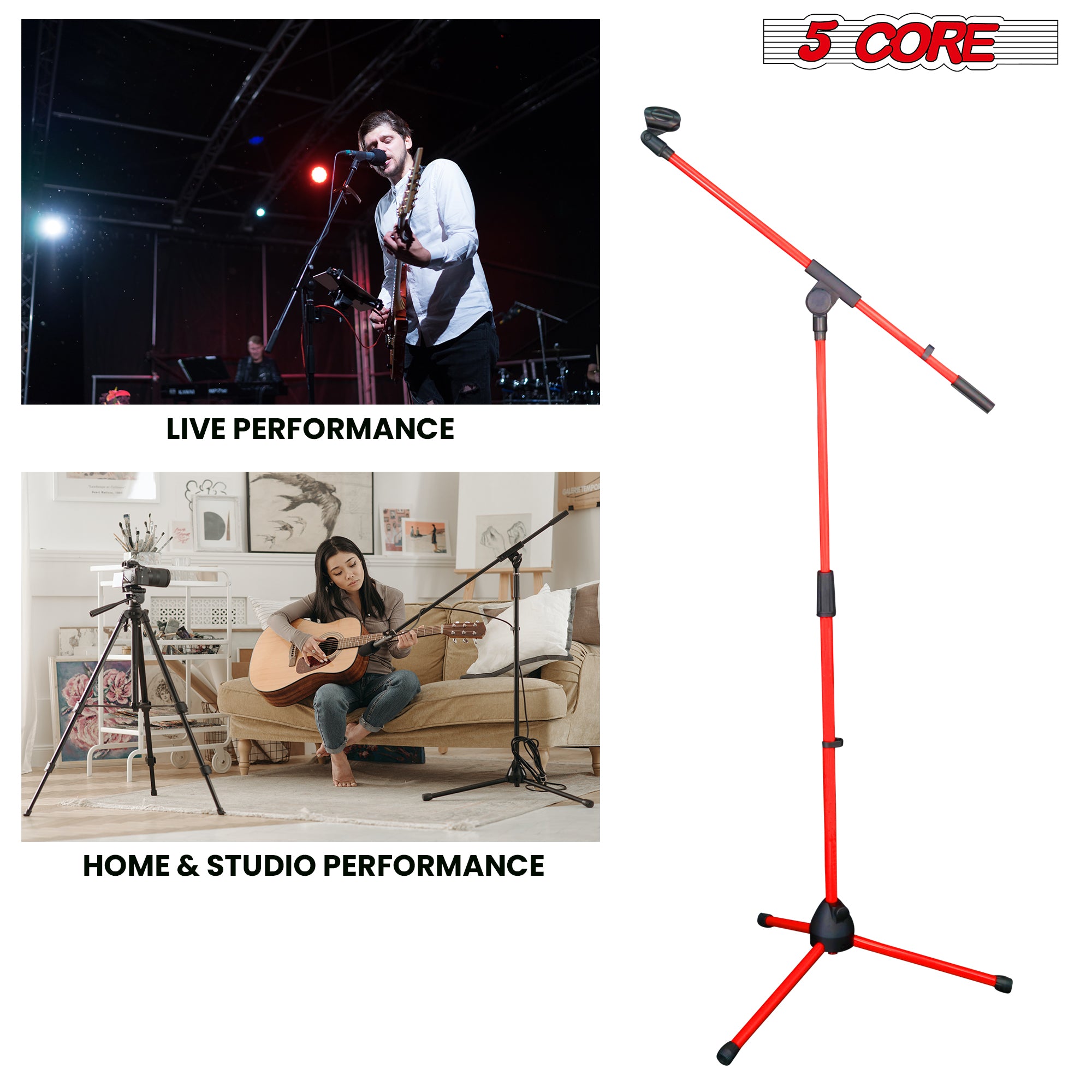 5 Core Mic Stand Red 1 Piece Collapsible Height Adjustable Up to 6ft Metal Microphone Tripod Stand w Boom Arm Para Microfono for Singing Karaoke Speech Stage Recording - MS 080 RED