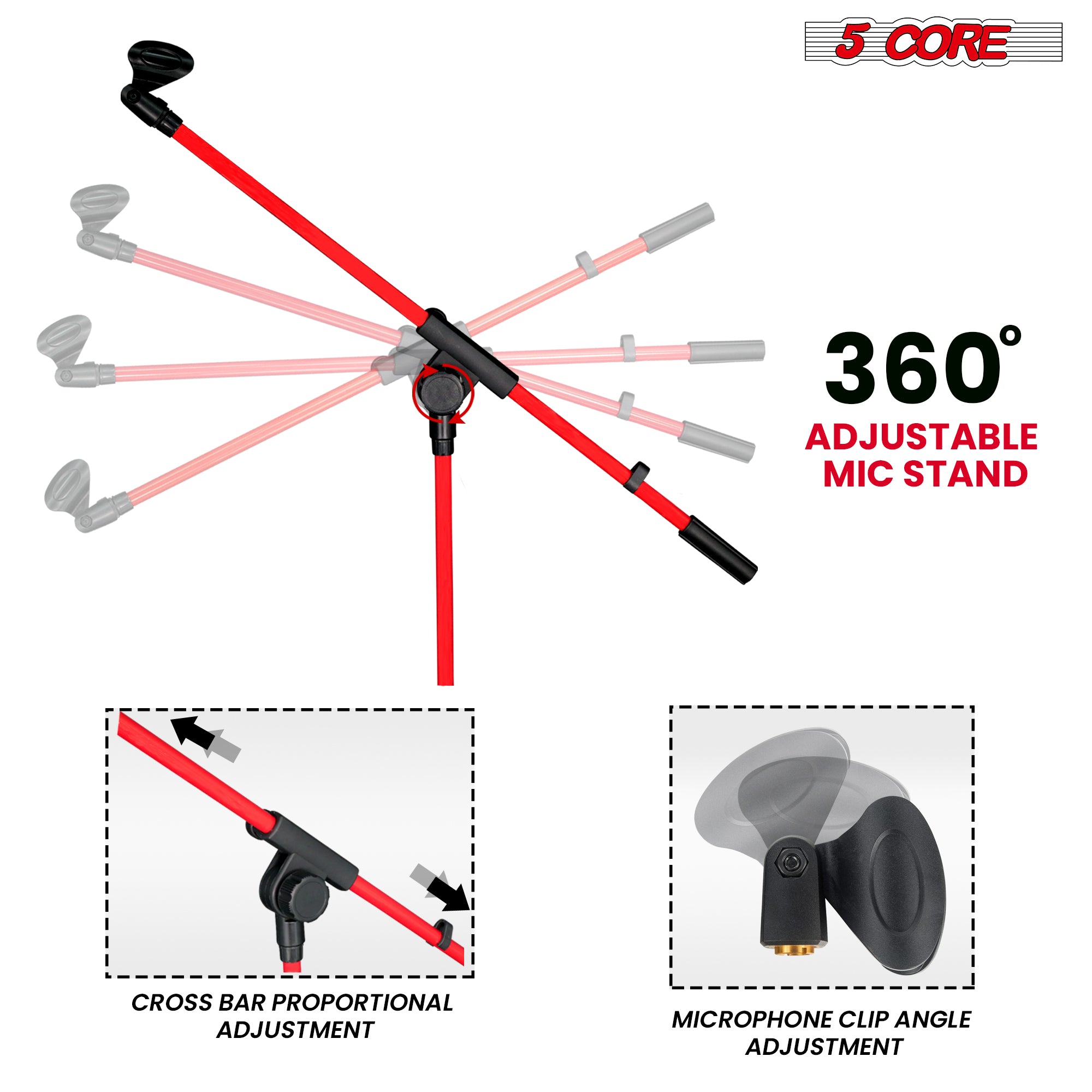 5 Core Mic Stand Red 1 Piece Collapsible Height Adjustable Up to 6ft Metal Microphone Tripod Stand w Boom Arm Para Microfono for Singing Karaoke Speech Stage Recording - MS 080 RED