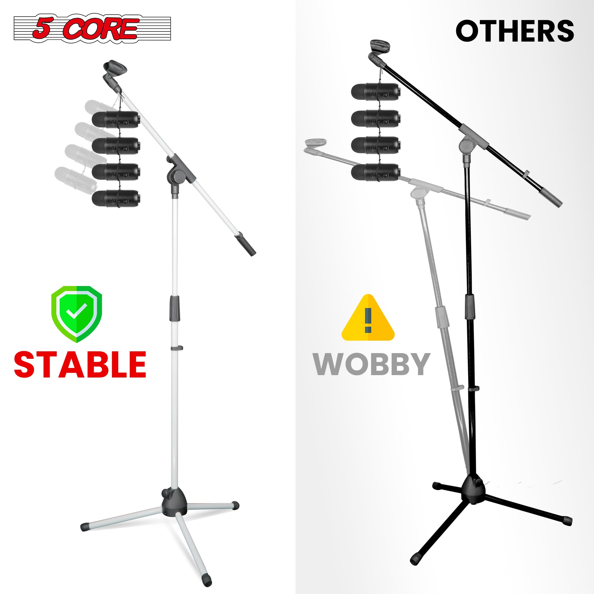 5 Core Mic Stand White 1 Piece Collapsible Height Adjustable Up to 6ft Metal Microphone Tripod Stand w Boom Arm Para Microfono for Singing Karaoke Speech Stage Recording - MS 080 WH