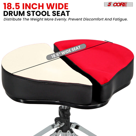 Wide, comfortable seat on a drum stool designed for extended playing sessions