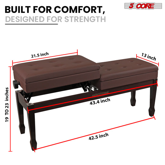 Elegant wooden duet piano bench with thick padded seat, spacious storage compartment, and sturdy construction for two players