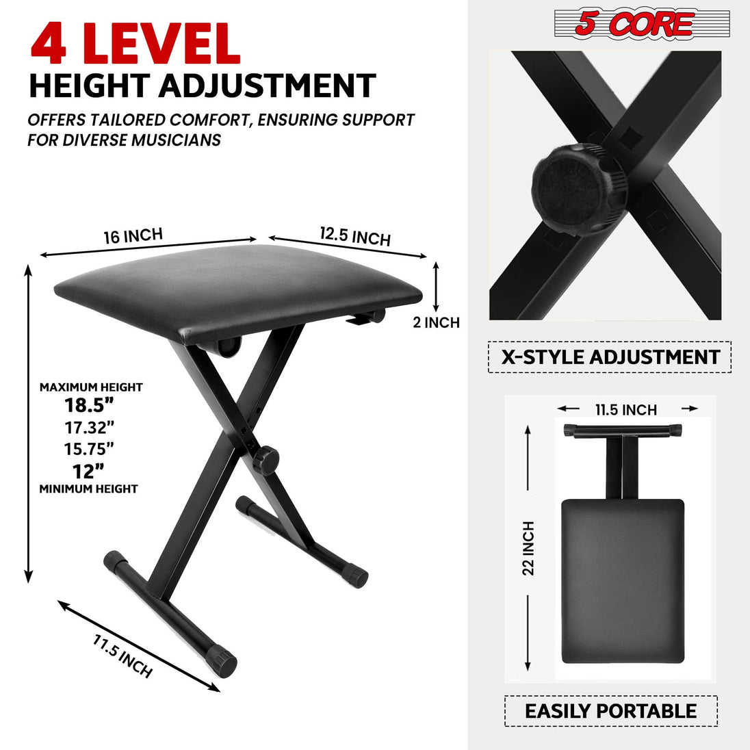 X-style piano stool with 4-level adjustment for customizable height settings, ensuring optimal comfort and support