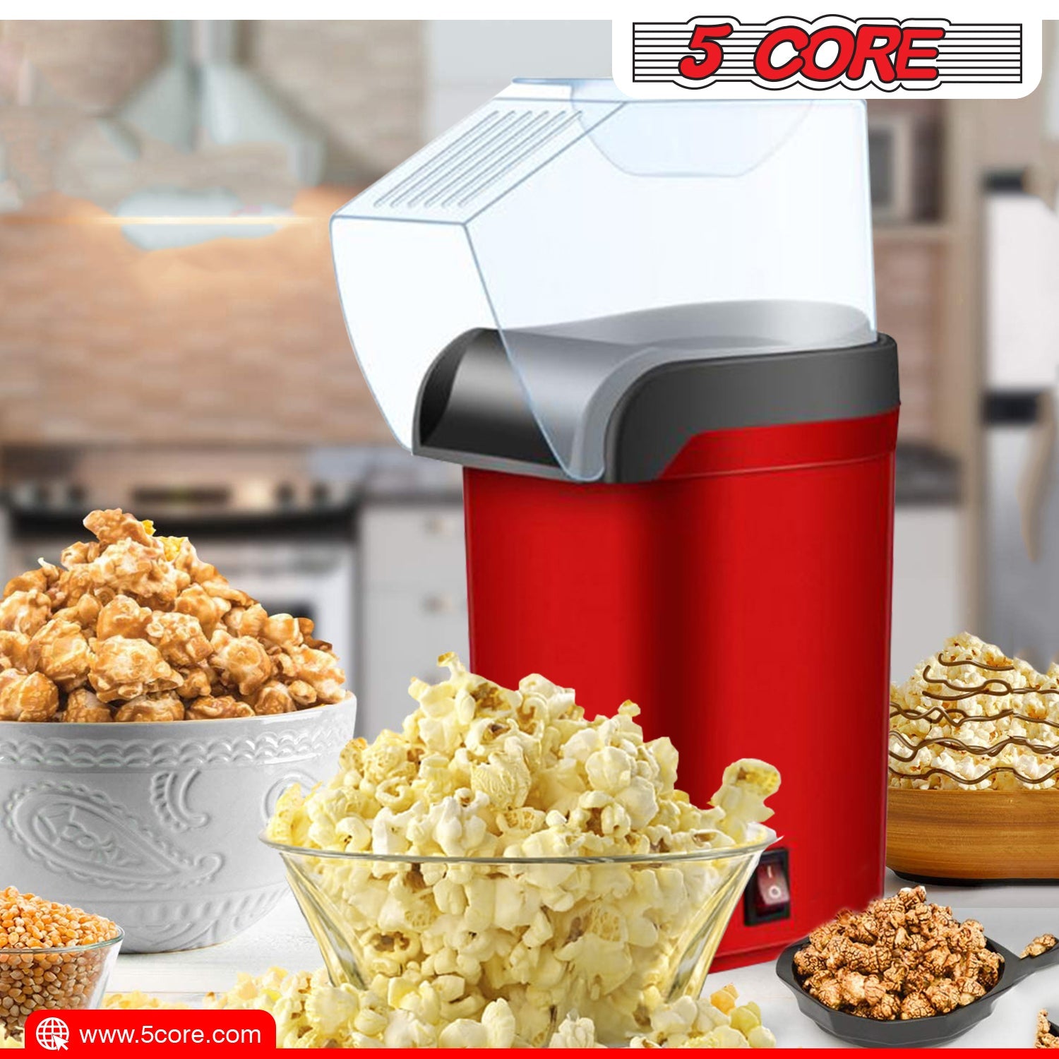 5 Core Popcorn Machine Yellow Capacity 16Cups Hot Air Popcorn Popper Maker Compact Pop Corn Machine