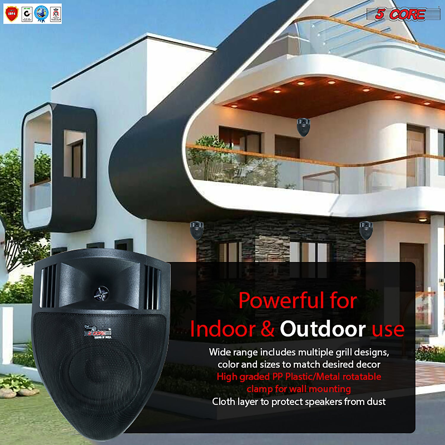 5 Core Outdoor Speaker Wired Waterproof System Wall Mounted Indoor Outside Patio Backyard Surround Sound Home Exterior CORNER