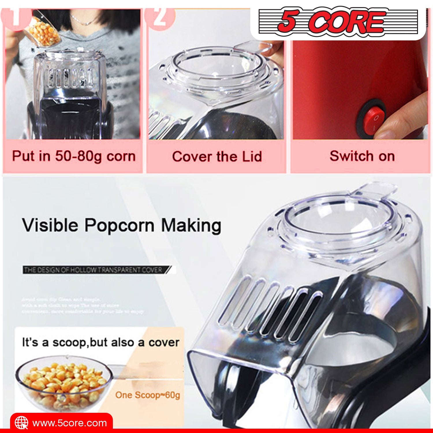 5 Core Hot Air Popcorn Popper 1200W Electric Popcorn Machine Kernel Corn  Maker, Bpa Free, 16 Cups, 95% Popping Rate, 3 Minutes Fast, No Oil Healthy