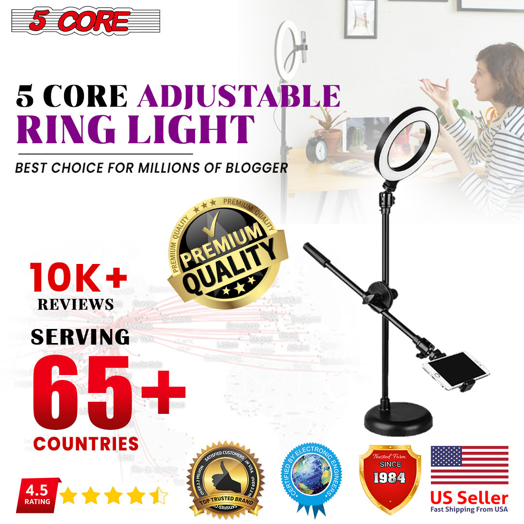 5 Core 6'' Ring Light Overhead Phone Mount LED Circle Lights 360?? Adjustable Shooting Arm Dimmable for Video Recording, Live Streaming, YouTube, Makeup, Instagram, TIK Tok 5Core Ring Mob PL