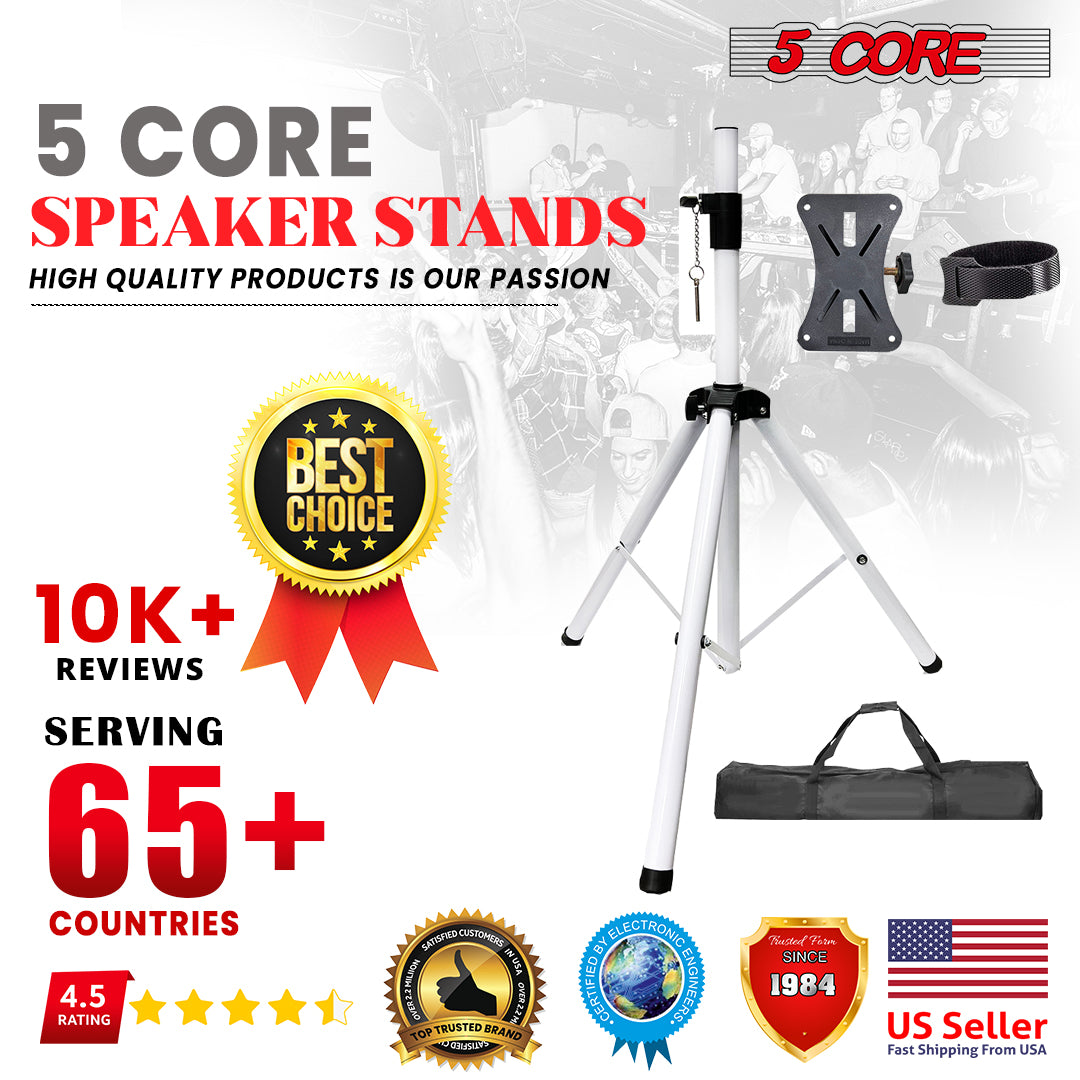 5 Core PA Speaker Stands Adjustable Height Professional Heavy Duty DJ Tripod with Mounting Bracket, Tie and Carrying Bag, Extend from 40 to 72 inches, White - Supports 132 lbs SS HD 1PK WH