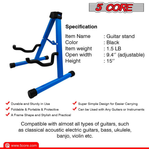 5 Core Guitar Stand Holder Premium Adjustable Music Stand for Guitar Players A Frame Folding Guitar Stand Holds Acoustic Bass Cello Mandolin -GSS BLU